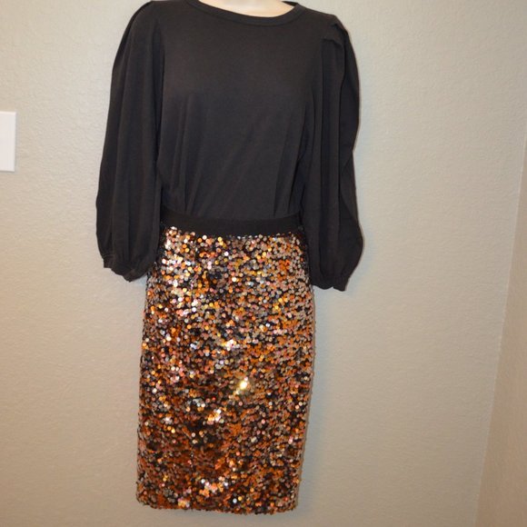 Sz XS H&M Copper & Silver Sparkly Sequin Stretch Pencil Skirt - Picture 6 of 13